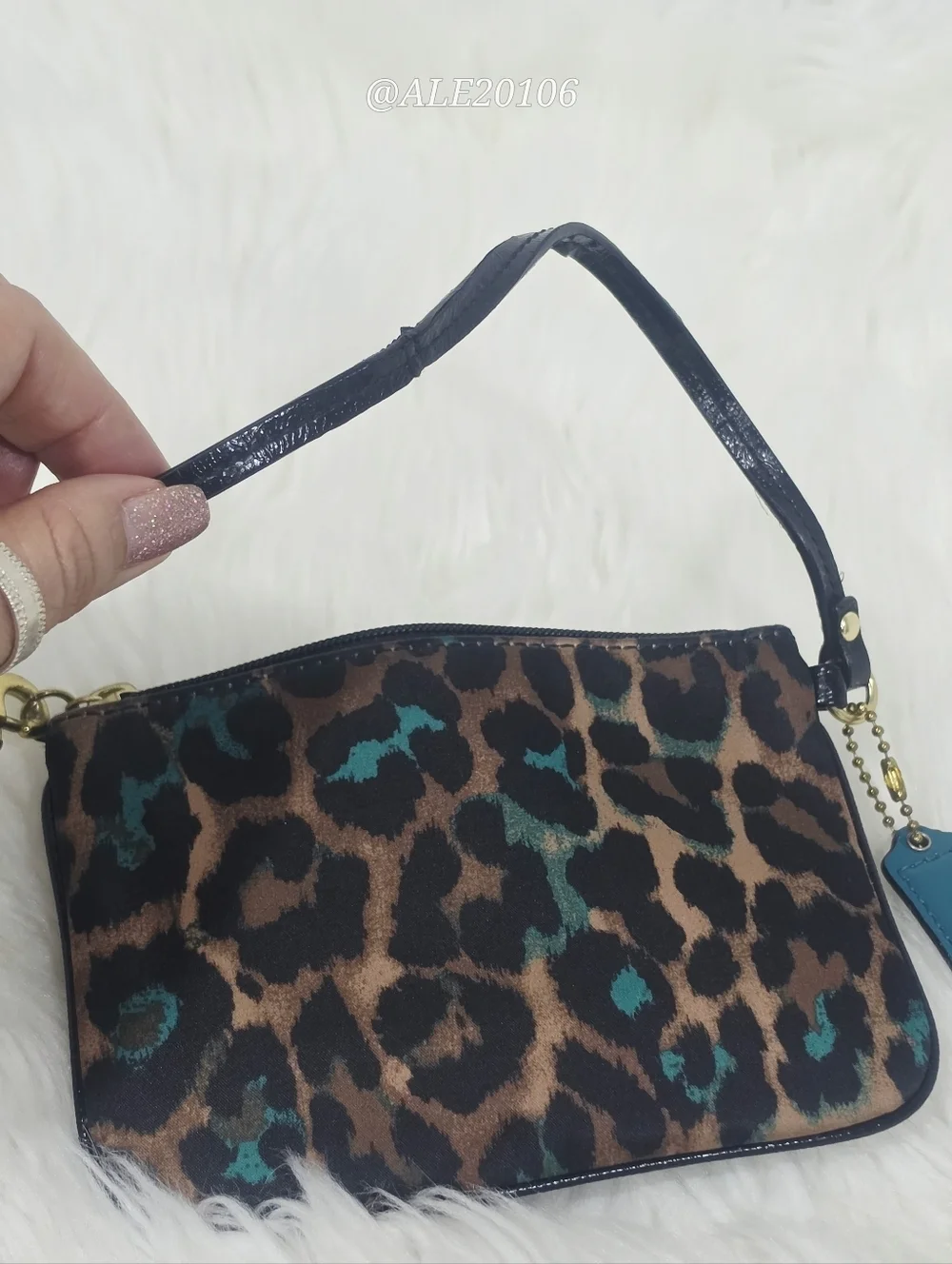 Coach Leopard Print Wristlet Zip Pouch Brown Teal Small Bag
